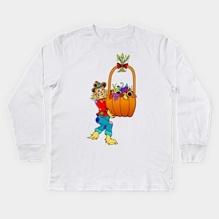 Scarecrow with Pumpkin Harvest Basket Kids Long Sleeve T-Shirt